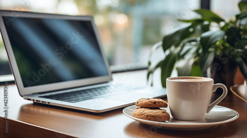 Laptop  Coffee  and Biscuits Brewing Office Creativity