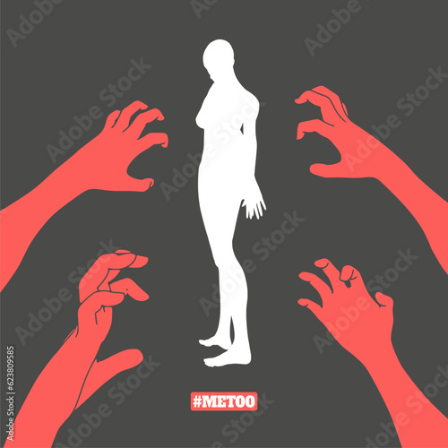 Me too hashtag. Social movement concerning sexual assault and harassment. Male hands reaching out to a standing woman