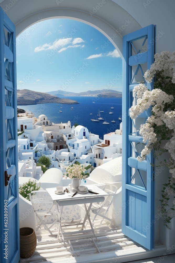 Fototapeta premium Open window with a view to a beautiful Greek scenery