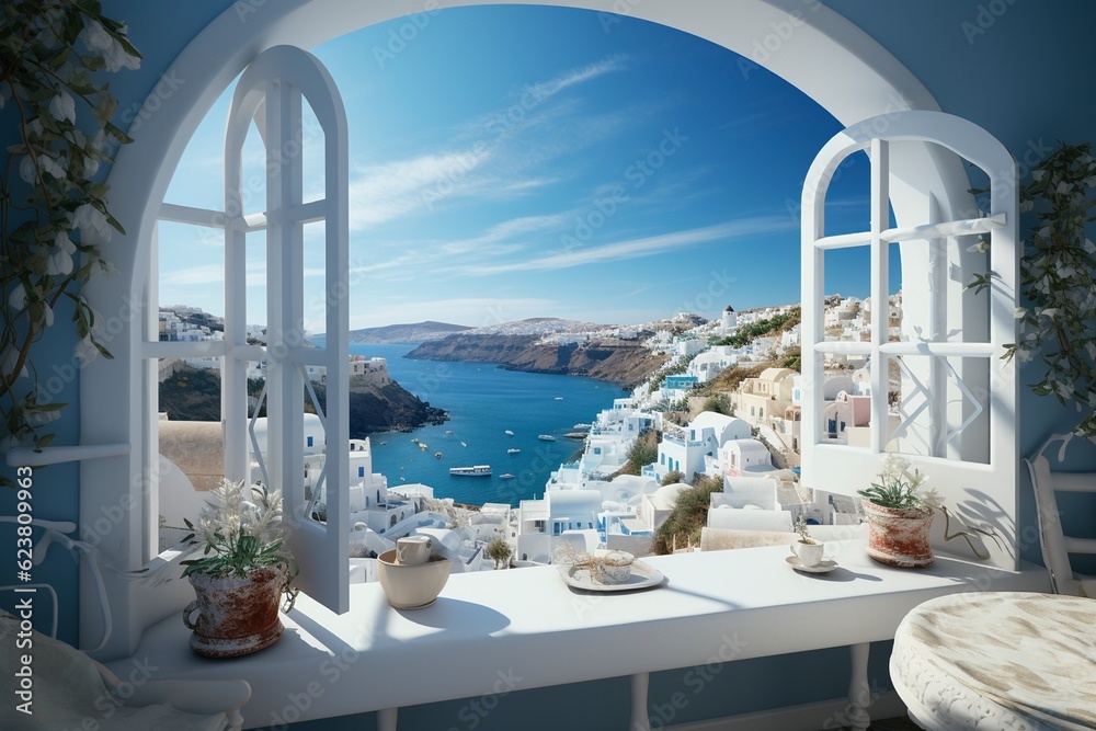 Fototapeta premium Open window with a view to a beautiful Greek scenery
