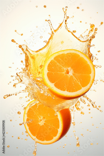 Oranges levitating in air with splash of water, orange juice around. AI generated content