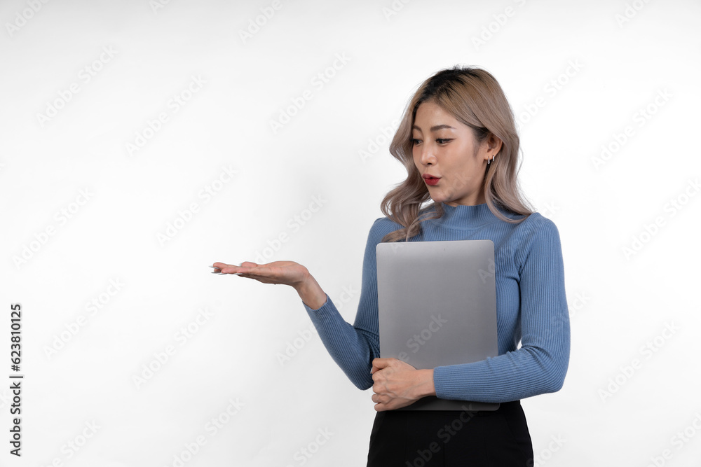 Image of a happy and confident young beautiful businesswoman standing isolated on white background holding laptop computer showing happy various virtues gestures Motivation with startup business work Image of a happy and confident young beautiful businesswoman standing isolated on white background holding laptop computer showing happy various virtues gestures Motivation with startup business work