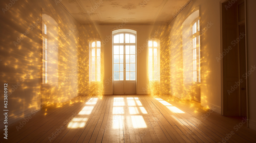 An influx of brilliant light rays streaming into a room, filling it with a dazzling radiance. Generative AI