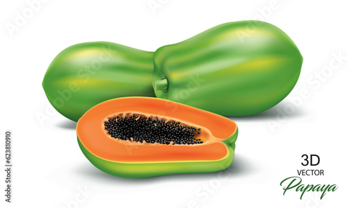 fresh and tasty papaya with half of papaya isolated on the white background. vector illustration design element.