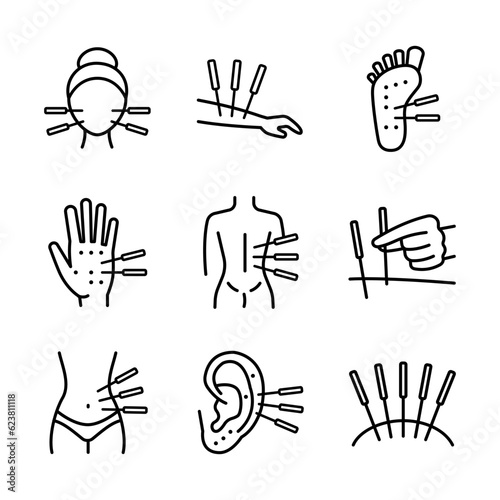 Acupuncture. Body therapy and spa. Wellness. Alternative medicine outline icons set.