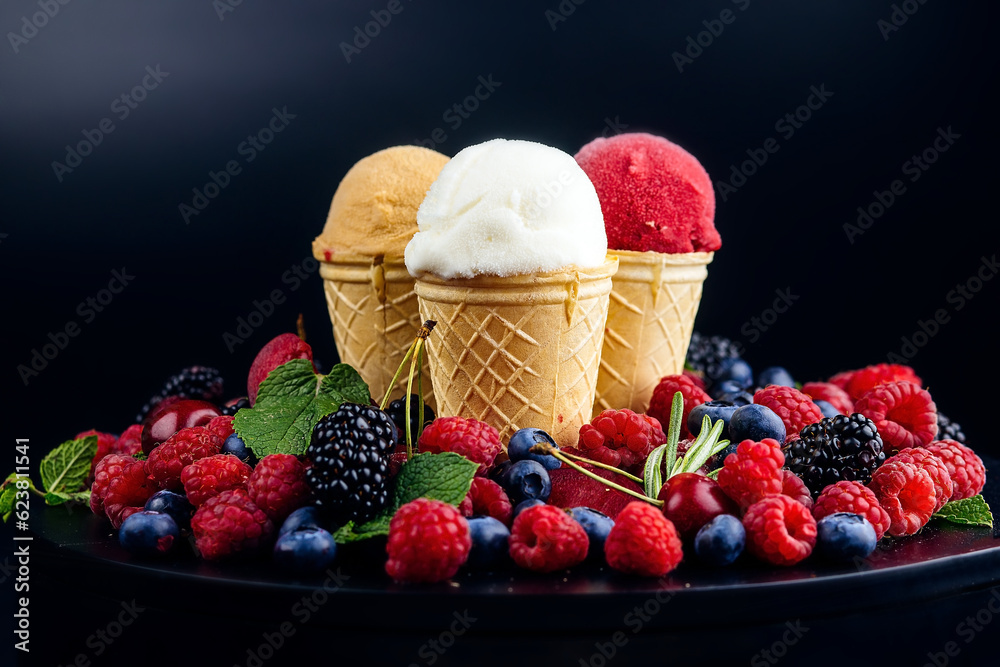 Ice cream cone with an assortment of fruits and ice cream flavors