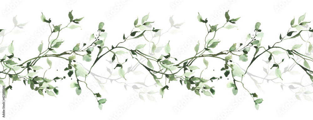 Fototapeta premium Watercolor painted greenery seamless frame. Green wild plants, branches, leaves and twigs. Isolated clipart.