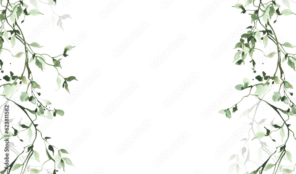 Watercolor painted greenery seamless frame. Green wild plants, branches, leaves and twigs. Isolated clipart.