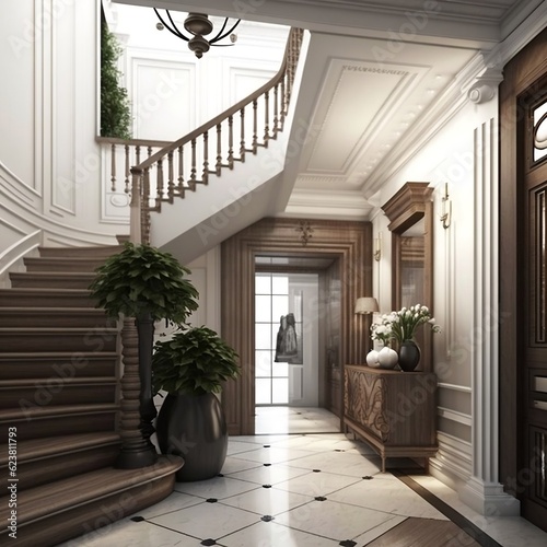 The interior design of the modern entrance hall with a staircase in the villa generative ai