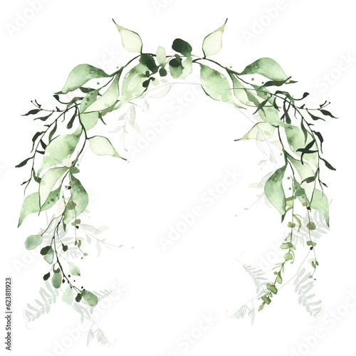 Watercolor greenery frame on white background. Light green, emerald wild branches, leaves and twigs wreath. Isolated clipart.