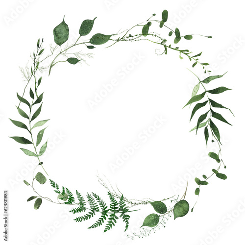 Watercolor greenery frame. Wild green  emerald fern branches  leaves and twigs wreath. Isolated clipart.