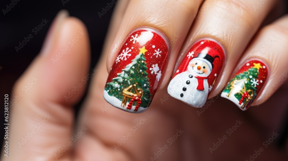 Christmas manicure on a woman's hands, where vibrant red and green colors, along with charming holiday designs, create a merry and stylish look. AI generated