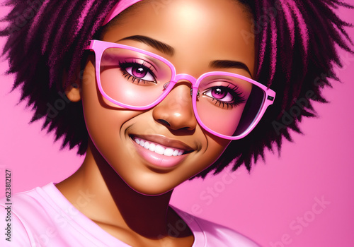 Portrait of a beautiful african american woman wearing pink glasses. Generative AI