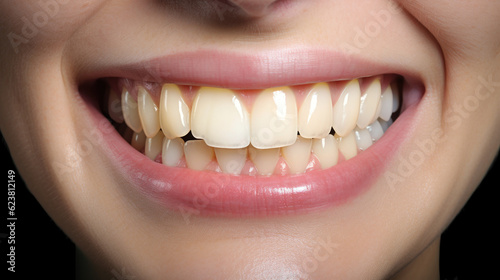 A close-up image of yellow teeth, highlighting the need for dental care and teeth whitening. AI generated