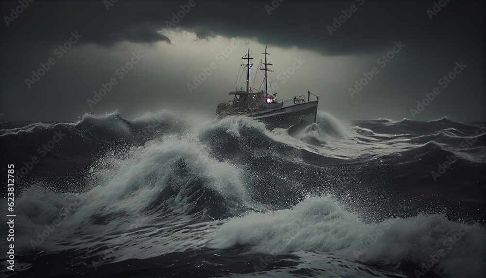 fishing boat navigating during a storm - obrazy, fototapety, plakaty 