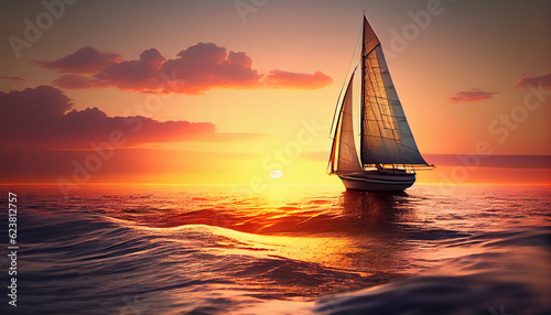Sunset sailboat on the ocean.