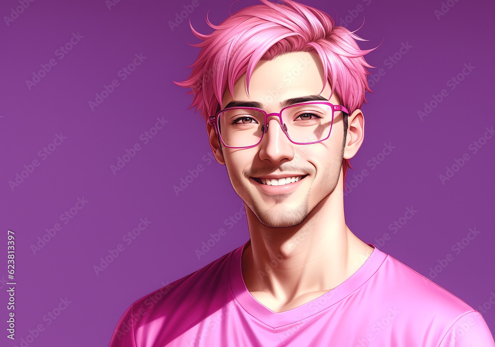 Portrait of a handsome young man with pink hair and glasses. Generative AI