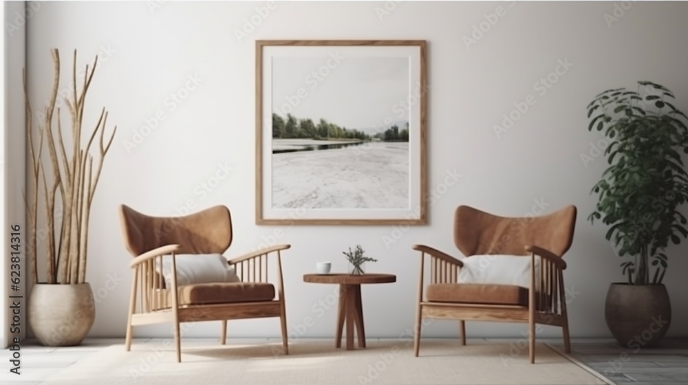Obraz premium Two armchairs in a room with a white wall and a big frame poster on it generative ai
