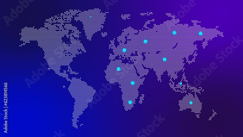 World map with neon pins location animation footage