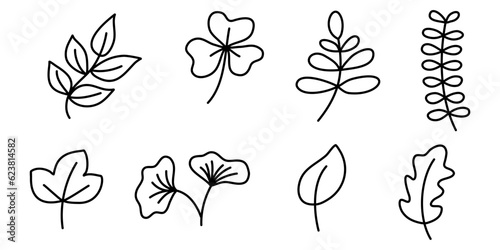 Set of Leaves icon outline.Hand drawn doodle tropical leaf isolated on white background. Vector illustration.
