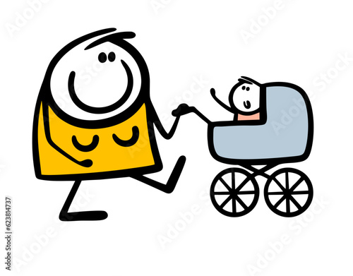 Doodle young mother is driving a stroller with a newborn baby. Vector illustration of parents and son or daughter.