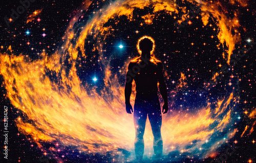 Man silhouette in space with stars and nebula. The concept of God in the image of a man against the background of the universe. Generative AI.