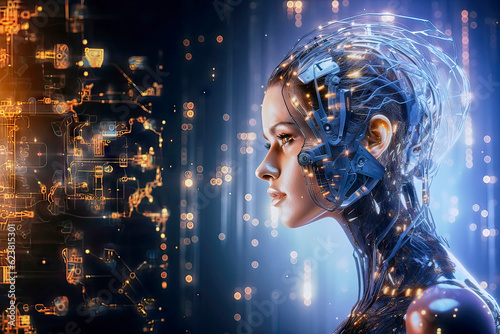 Futuristic rendering of a female face with biometric electronic components and glowing circuitry in the background, made with generative ai
