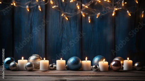 Christmas lamp, candles and baubles against a blue wall background. © Mynn Shariff
