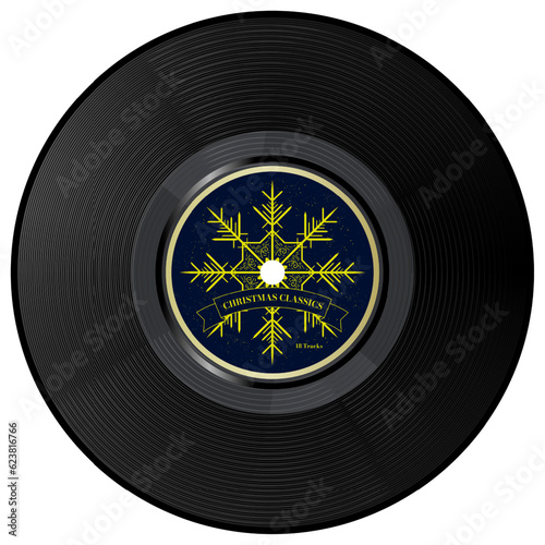 Christmas Classics Vinyl Record with Yellow Gold Snowflake, Xmas Vinyl isolated on white background. Vector Illustration. EPS 10.