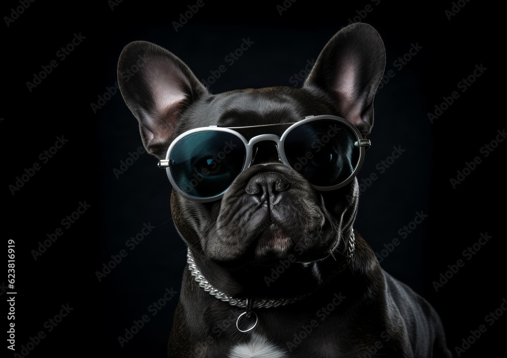 Funny black bossy dog with sunglasses on black background. Generative AI.