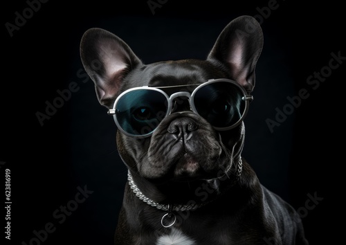 Funny black bossy dog with sunglasses on black background. Generative AI. © Greg Tomas