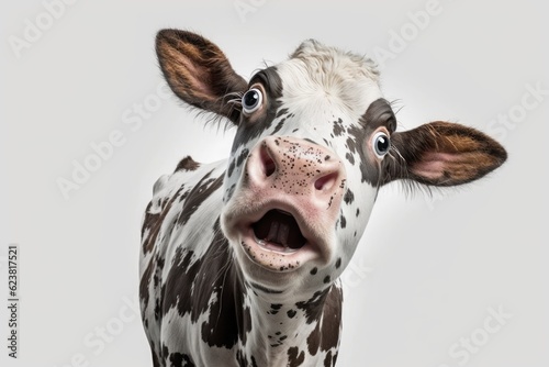 Shocked funny cow close up meme face. Generative AI.