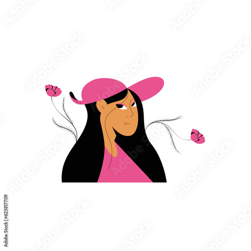 Young Girl in Pink Cap with Black Hair Vector Illustration
