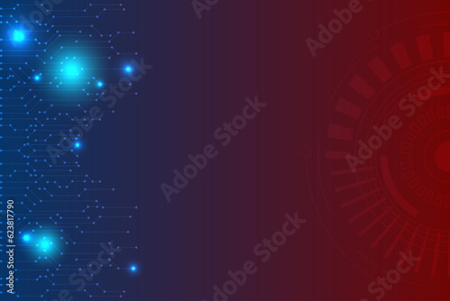 Blue and red technology background with shine light. Network connection with redial circle.