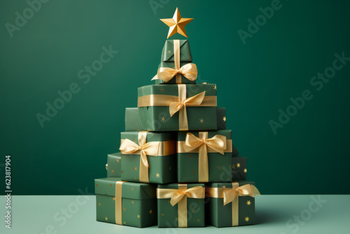 Green christmas presents and gifts stacked into a festive christmas tree shape