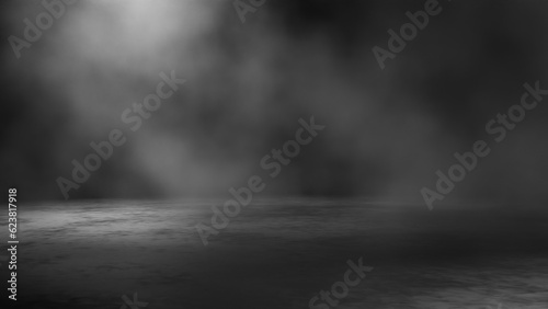 Empty dark abstract cement floor and studio room with smoke float up interior texture for display products wall background