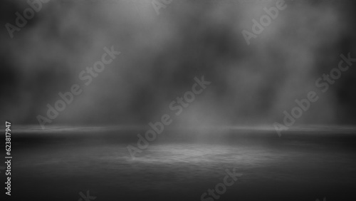 Empty dark abstract cement floor and studio room with smoke float up interior texture for display products wall background