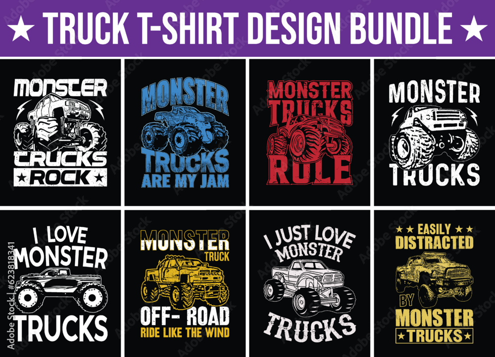Monster Truck T-shirt Design Bundle. monster vector t-shirt designs, t-shirt bundle.kids monster jam shiirts,