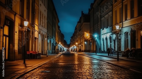 Night street of European city. Generative AI