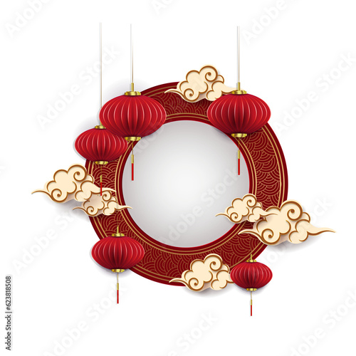 Golden round frame, lanterns and clouds in paper art style.
