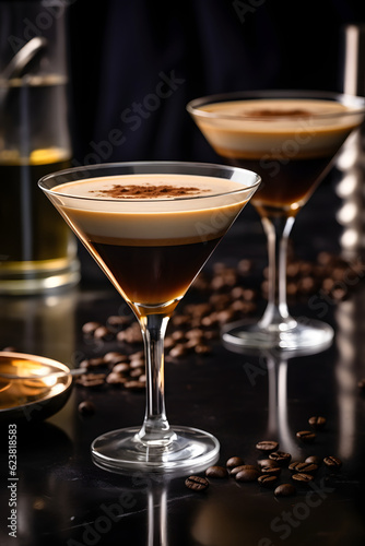 espresso martini cocktail in a fancy elegant glass with coffee beans in a table.