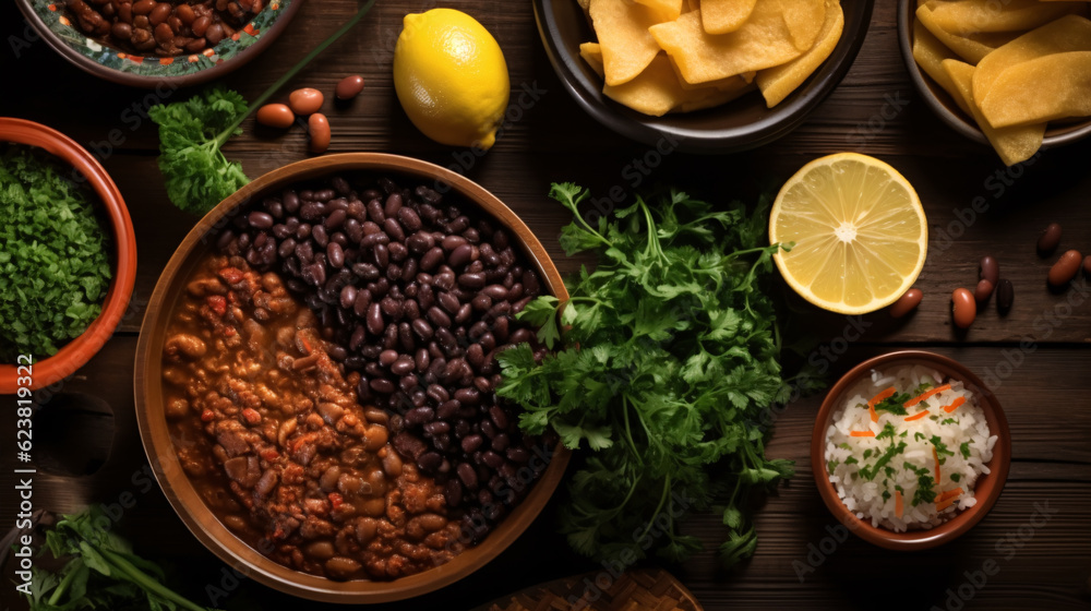 Brazilian Feijoada Food. Top view, South American cuisine. Food design. Ingredients and bowl.
