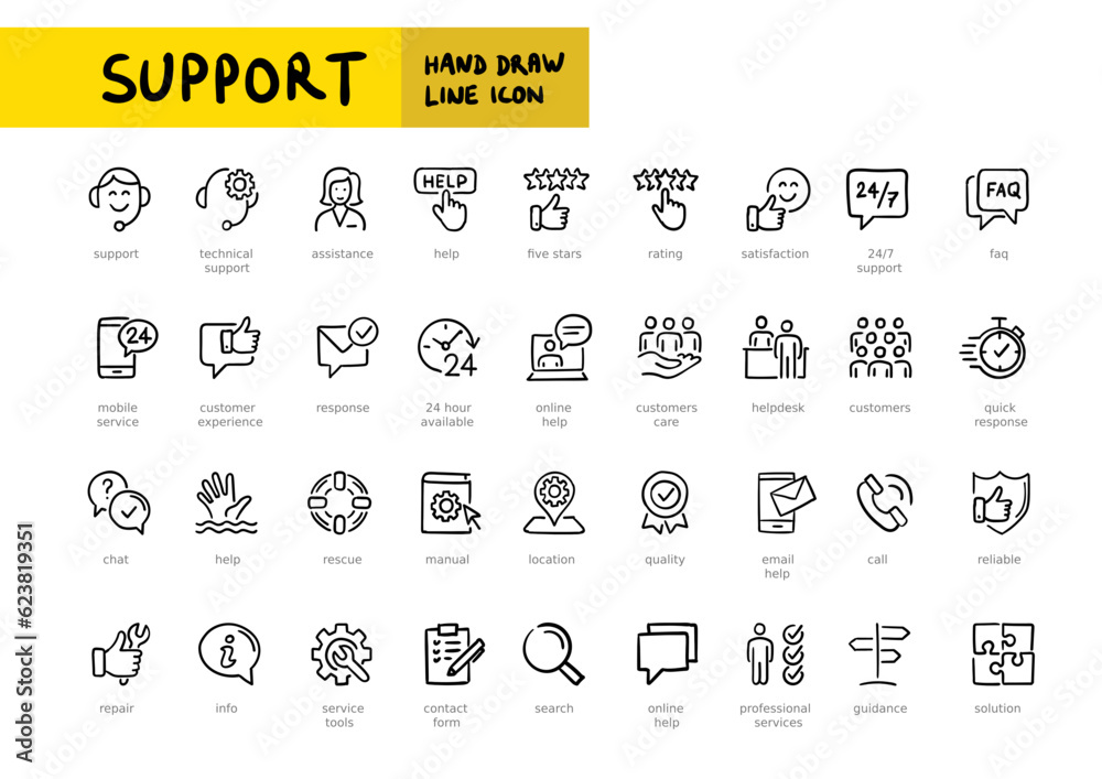Customer Service and Support hand writting line web icon set. Outline icons collection. Simple vector illustration. Online Help, helpdesk, feedback. - obrazy, fototapety, plakaty 