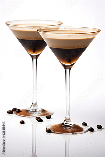 Glass of Espresso Martini on white background. Alcohol cocktail 