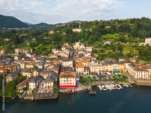 Aerial view of town of Orta San Giulio, Novara, Piedmont, Italy.