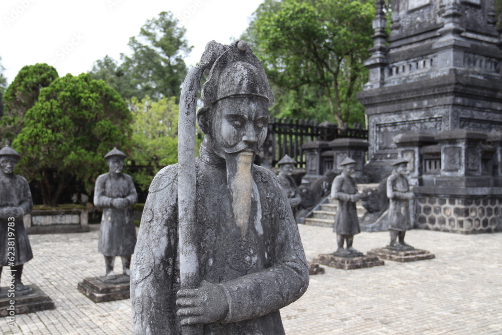 Huế, Vietnam. 24-02-2023. Statues in front of the Tomb of Khải Định. the twelfth Emperor of the Nguyen dynasty of Vietnam. Huế, Vietnam. 24-02-2023. Statues in front of the Tomb of Khải Định. the twelfth Emperor of the Nguyen dynasty of Vietnam.