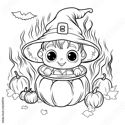Coloring page Witch in a hat brews a witch's potion in a cauldron. Halloween coloring book.