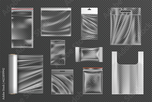 Plastic bag. Transparent package pouch, clear foil pack, 3d food or candy zipper, envelope. Cellophane snack packaging, food containers. Empty clean glossy pack. Vector mockup templates set