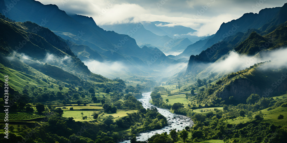 A misty Colombian mountain range with jagged peaks covered in thick clouds. The landscape is rugged and awe-inspiring, with deep valleys and cascading rivers.