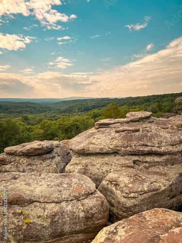 Breathtaking views standing at the top of the natural sandstone rock formations at Garden of the Gods, located within Shawnee National Forest. Standing at the top, looking out over a lush green forest